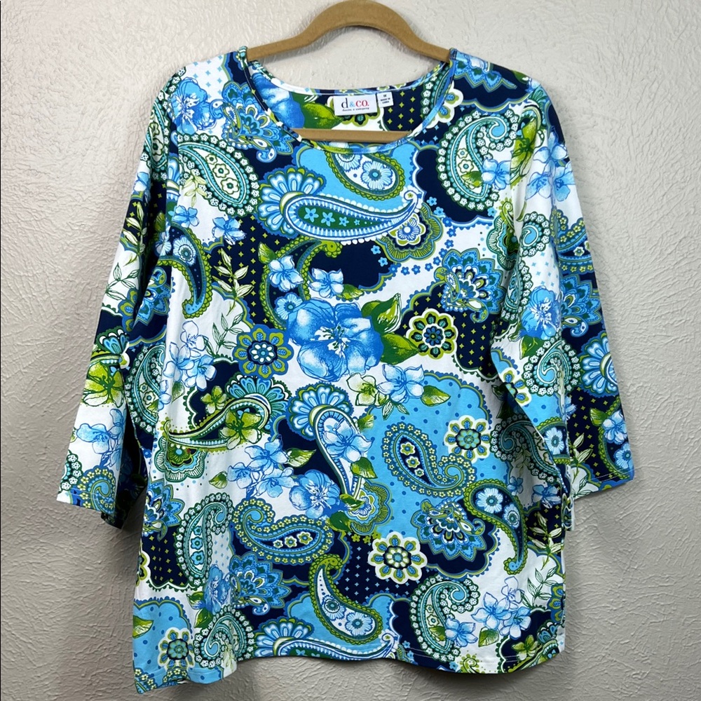 Denim & Co Blue Green White Paisley Print Scoop 3/4 Sleeve Top 1X